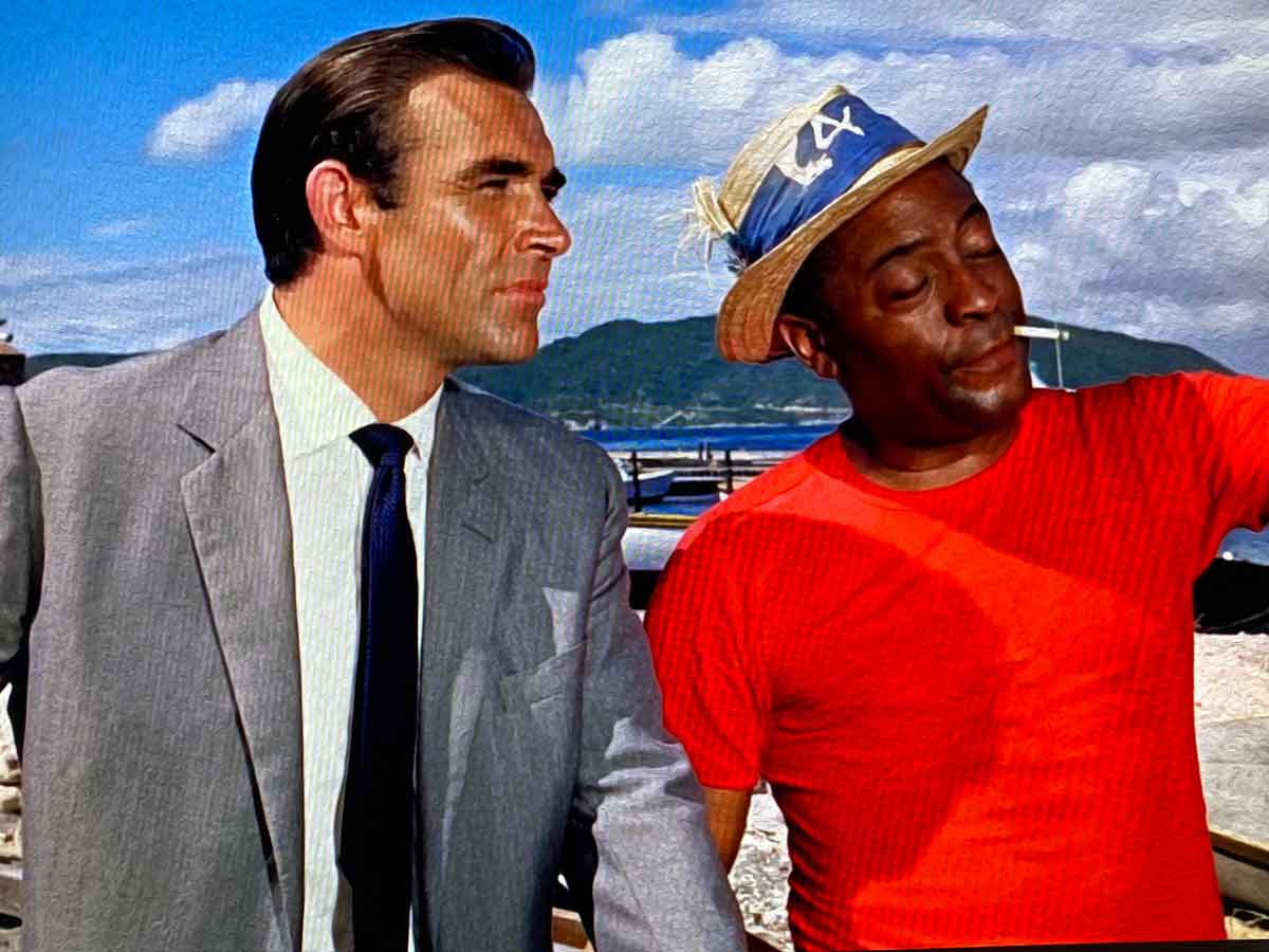 grey lounge suits in dr no Bond and Quarrel meet