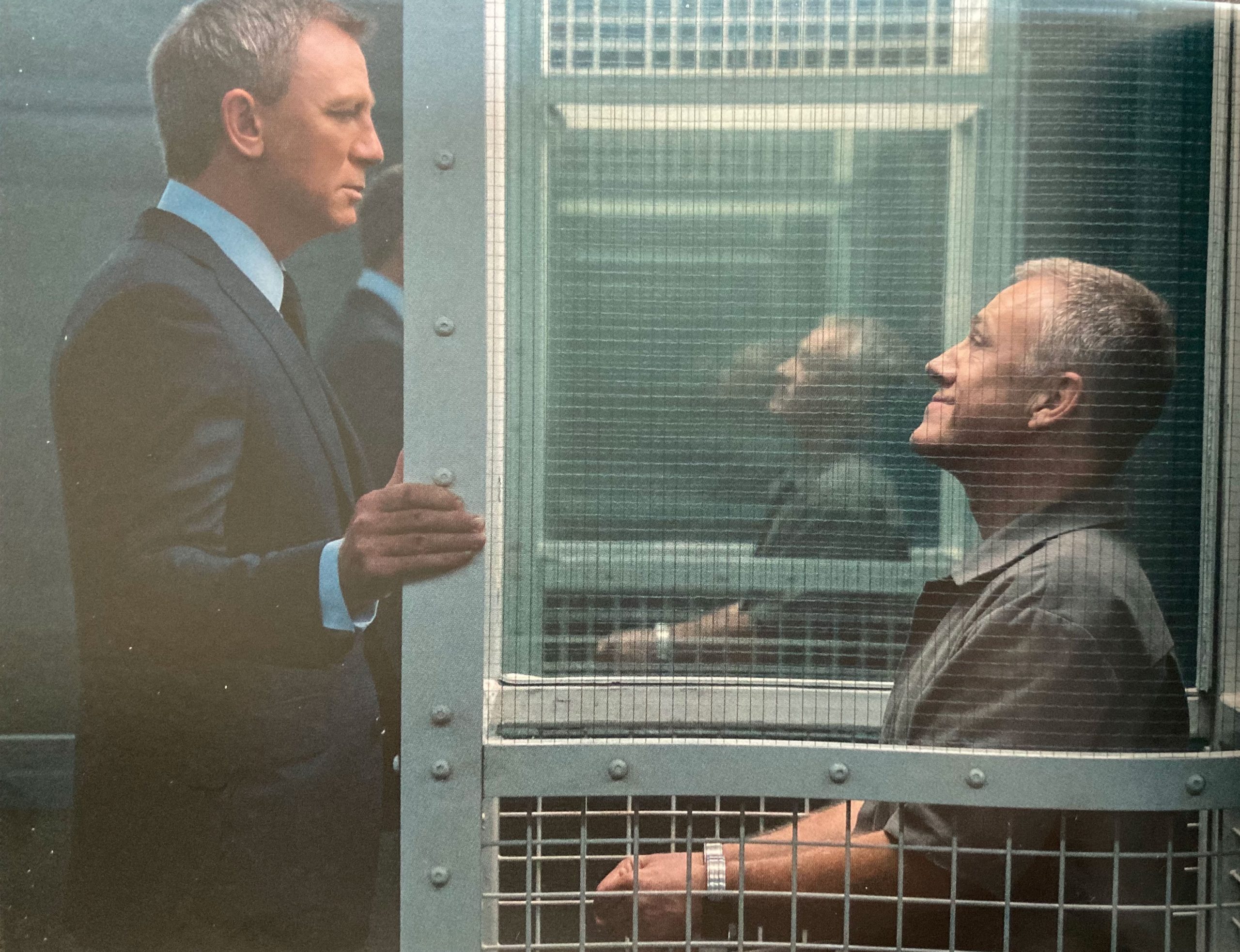 Daniel Craig Blue Check suit and Christoph Waltz as Blofeld