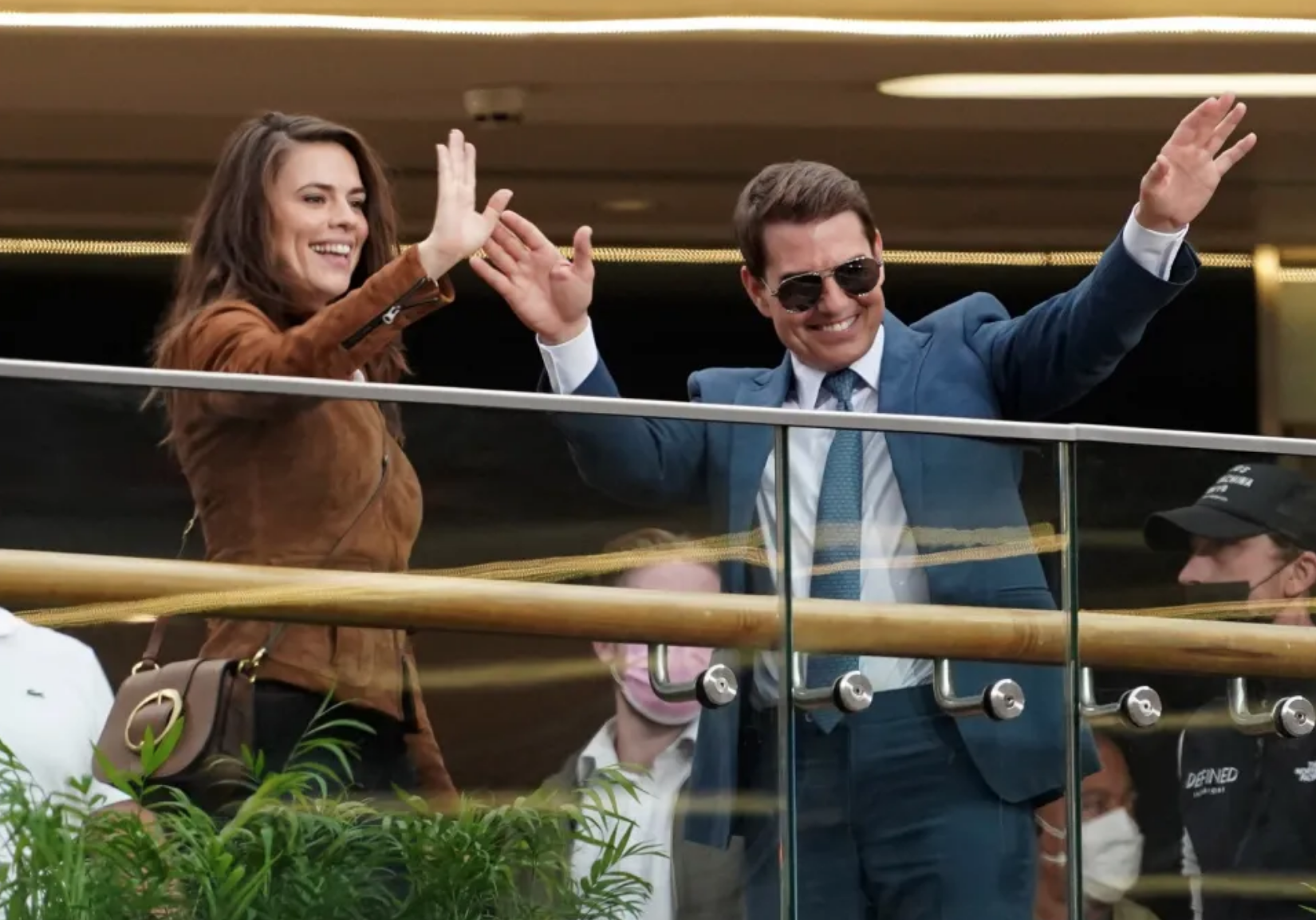 Tom Cruise &amp; Hayley Atwell waving to fans whilst films Mission Impossible Dead Reckoning 