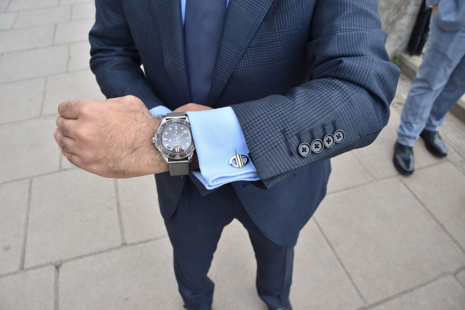 Blue check suit with watch and cufflinks