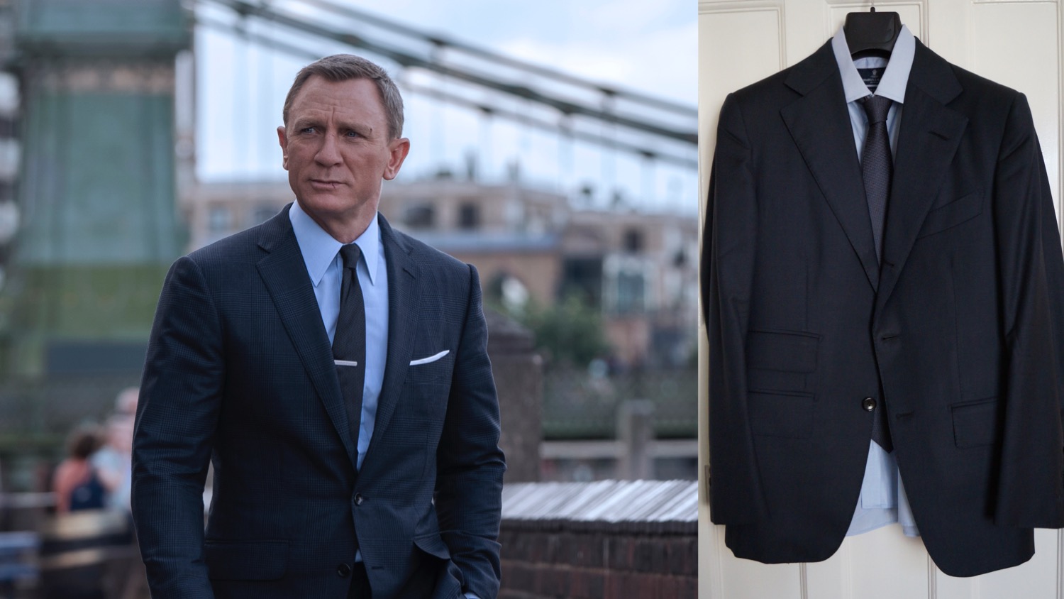 Daniel Craig in Hammersmith wearing a prada tie and comparison to the tie and suit
